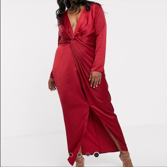 ASOS Curve Dresses & Skirts - ASOS Formal Gown Little Mistress Plus Satin Wrap Maxi Dress in Ruby Size 18